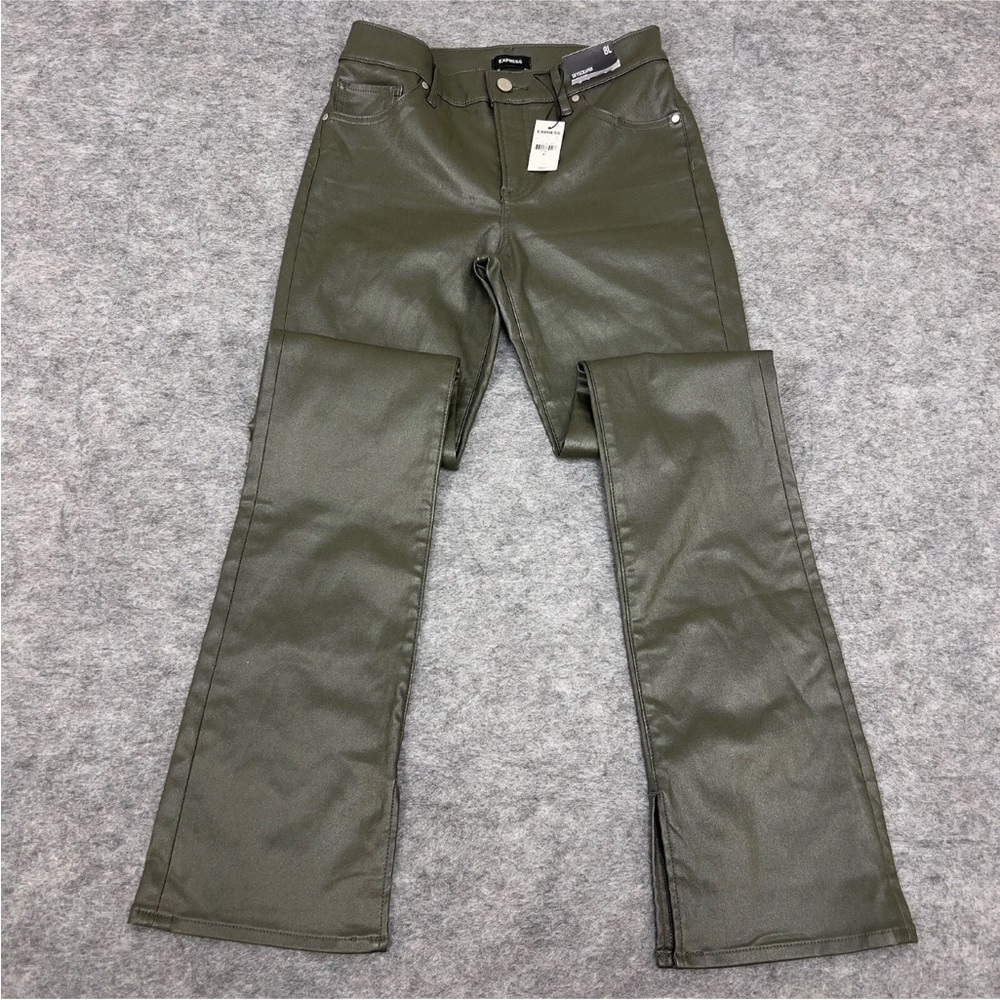 Express skyscraper mid rise coated, wax faux leather pants olive green